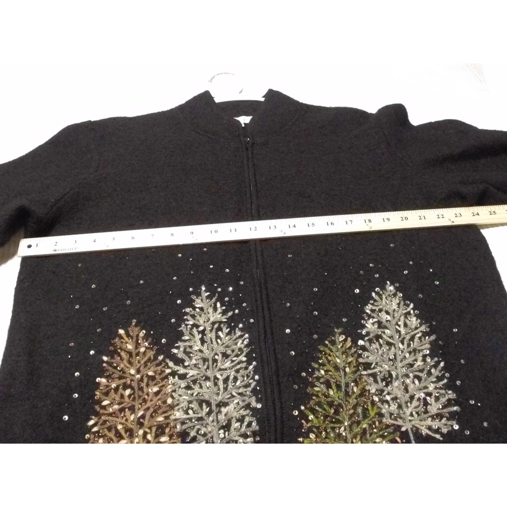 Coldwater Creek Womens 2X Black Wool Zip Cardigan Sequin Tree Holiday Sweater